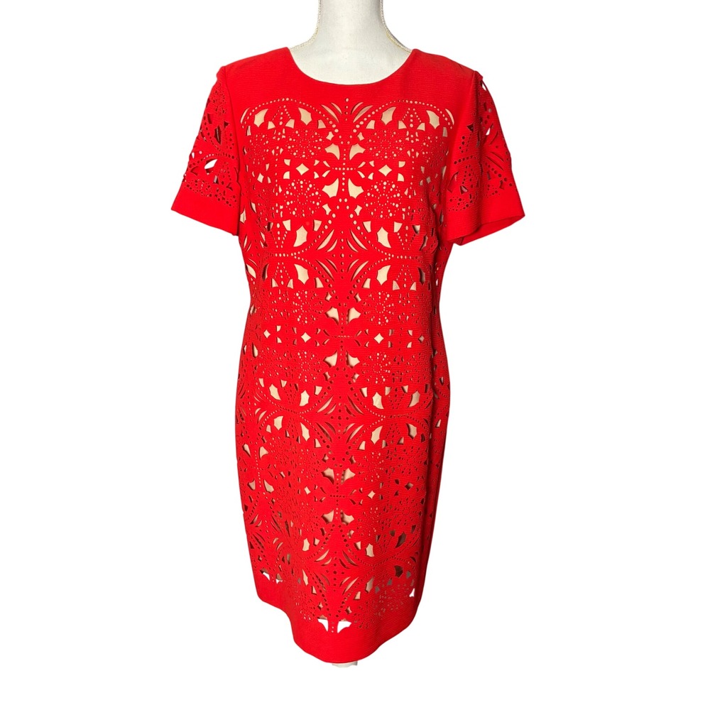 Katherine‎ Kelly Sheath Dress Womens 12 Orange Geometric Cutout Short Sleeve